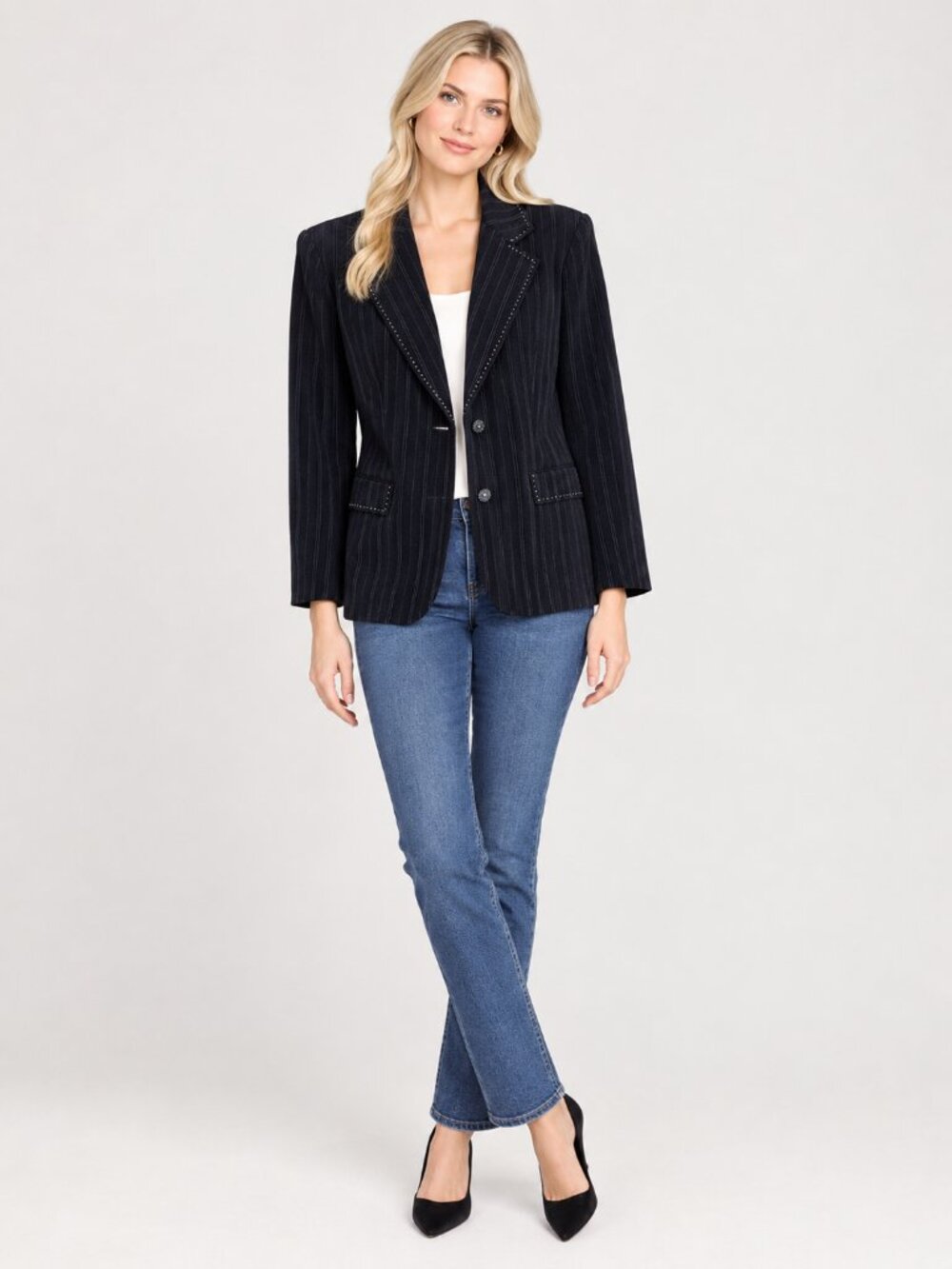 TAHARI Arhtur S. Levine Embellished Two-Button Pinstripe Blazer Black 14W #A4588